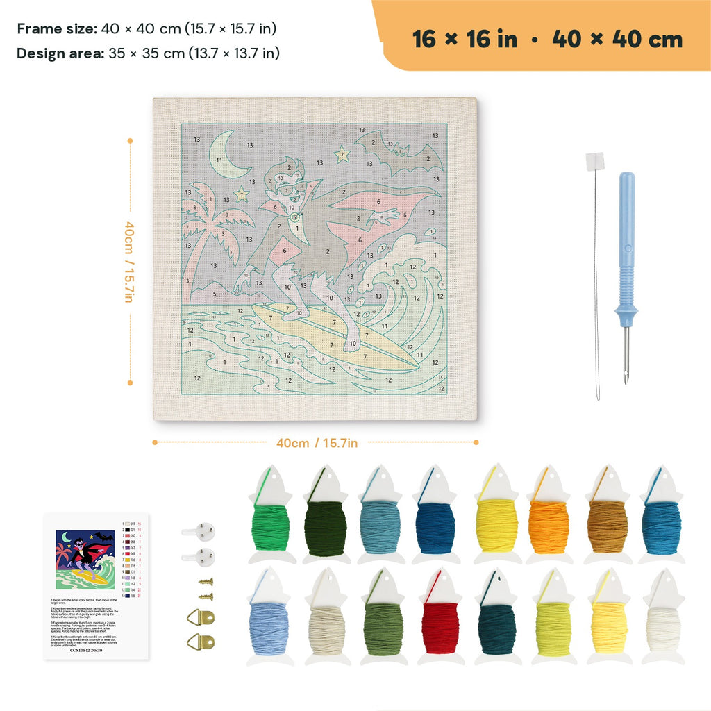 Surfing Vampire punch needle kit, 16 × 16 in (40 × 40 cm): canvas size and kit contents