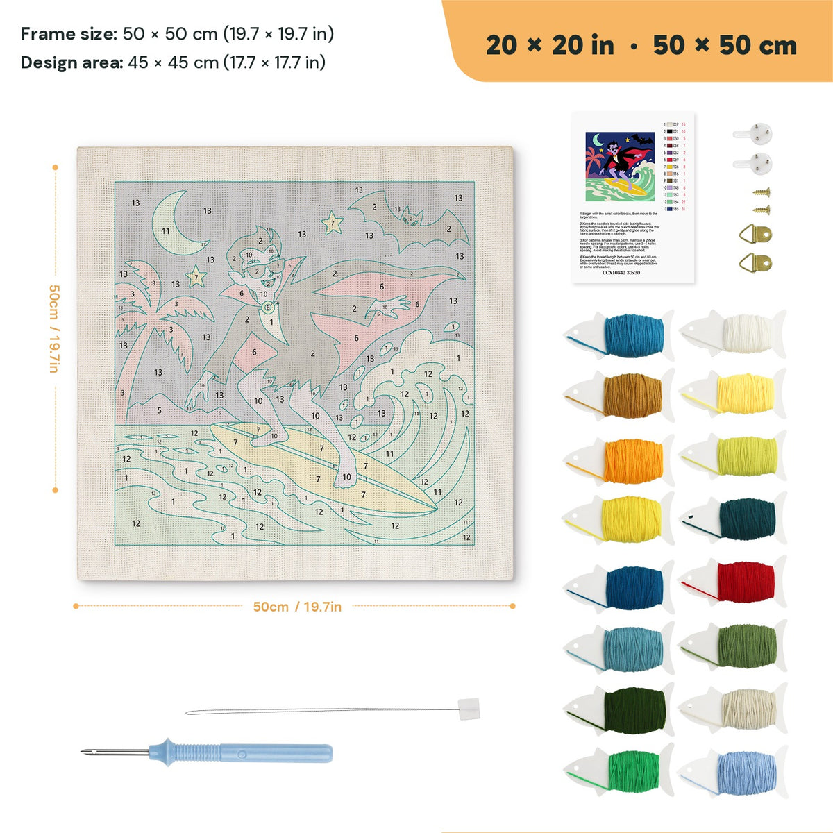 Surfing Vampire punch needle kit, 20 × 20 in (50 × 50 cm): canvas size and kit contents