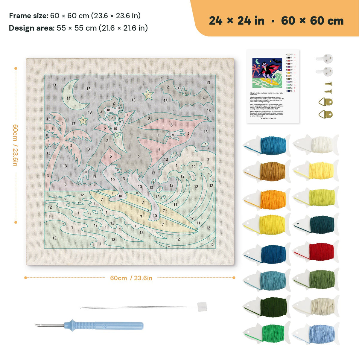 Surfing Vampire punch needle kit, 24 × 24 in (60 × 60 cm): canvas size and kit contents