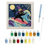 Surfing Witch Cat punch needle kit: finished canvas with threads, punch needle and threader