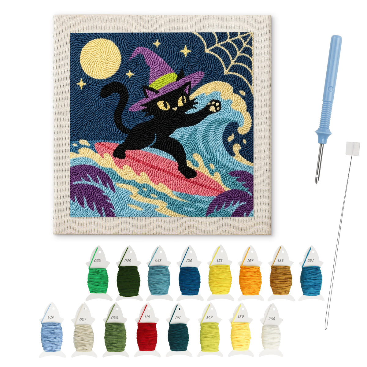 Surfing Witch Cat punch needle kit: finished canvas with threads, punch needle and threader