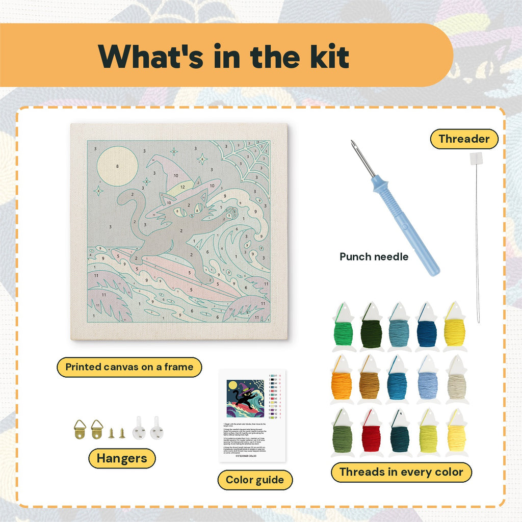 What is in the Surfing Witch Cat kit: printed canvas, punch needle, threader, threads, color guide and hangers