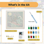 What is in the Surfing Witch Cat kit: printed canvas, punch needle, threader, threads, color guide and hangers