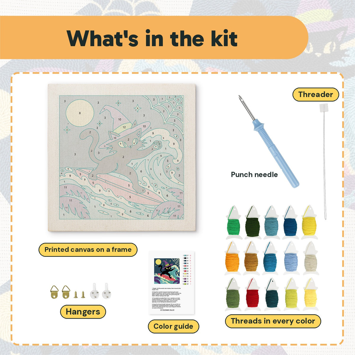 What is in the Surfing Witch Cat kit: printed canvas, punch needle, threader, threads, color guide and hangers