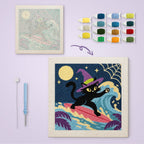 Surfing Witch Cat canvas before and after punching, with the threads and tools