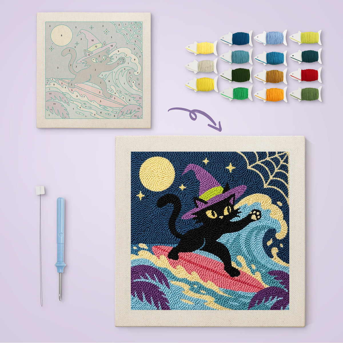 Surfing Witch Cat canvas before and after punching, with the threads and tools