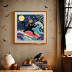Finished Surfing Witch Cat punch needle canvas on a wall