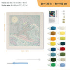 Surfing Witch Cat punch needle kit, 20 × 20 in (50 × 50 cm): canvas size and kit contents
