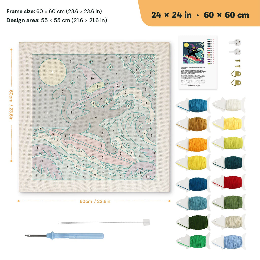 Surfing Witch Cat punch needle kit, 24 × 24 in (60 × 60 cm): canvas size and kit contents