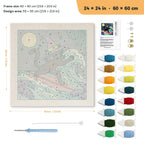 Surfing Witch Cat punch needle kit, 24 × 24 in (60 × 60 cm): canvas size and kit contents