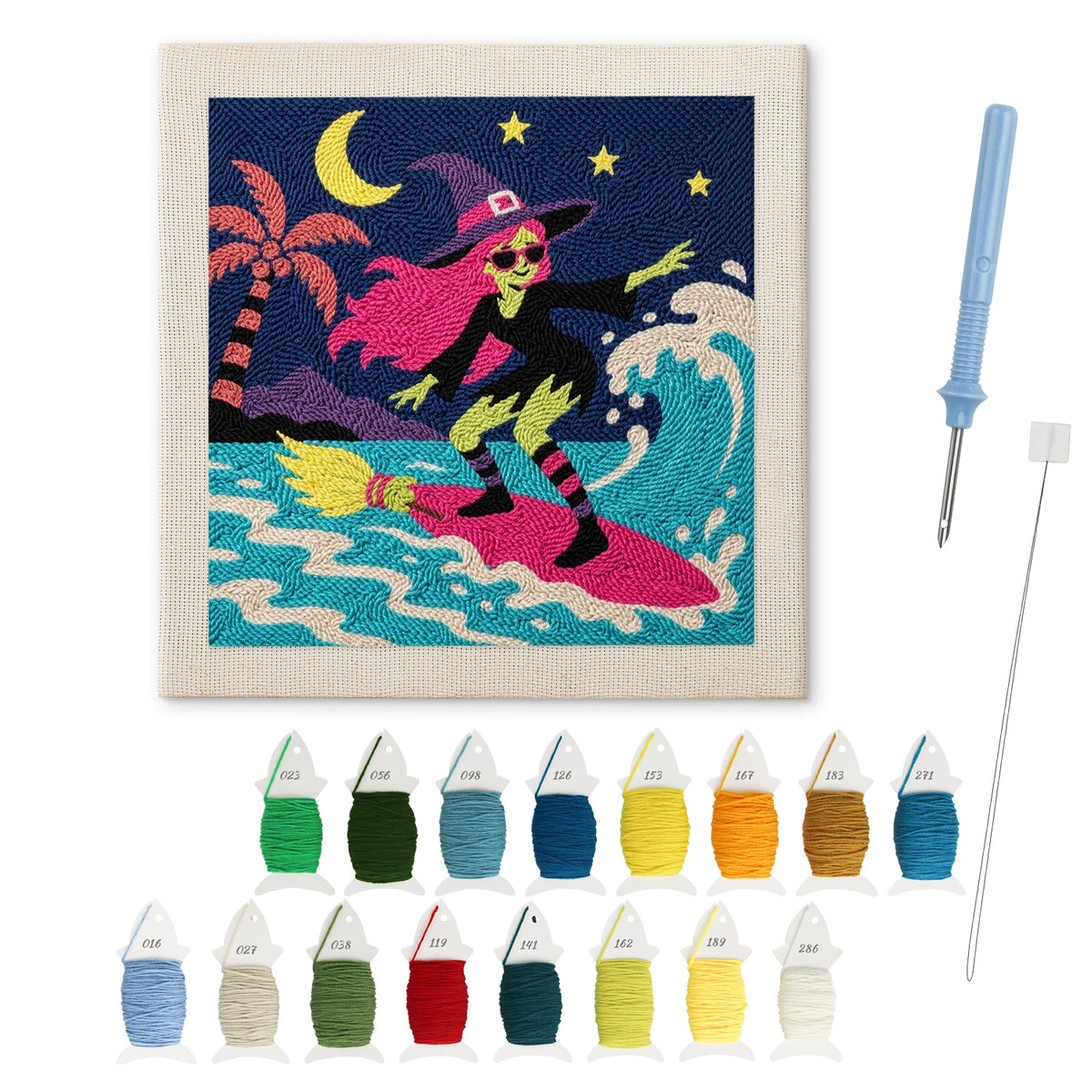 Surfing Witch punch needle kit: finished canvas with threads, punch needle and threader