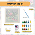 What is in the Surfing Witch kit: printed canvas, punch needle, threader, threads, color guide and hangers