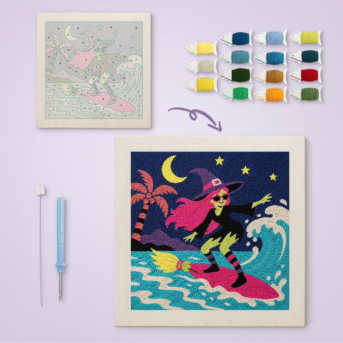 Surfing Witch canvas before and after punching, with the threads and tools