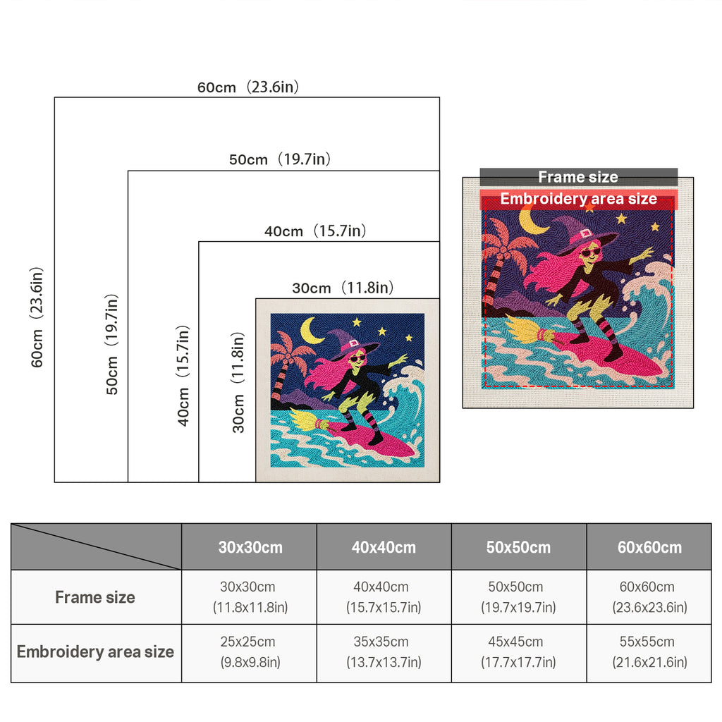 Size chart for square punch needle kits from 30 x 30 cm to 60 x 60 cm