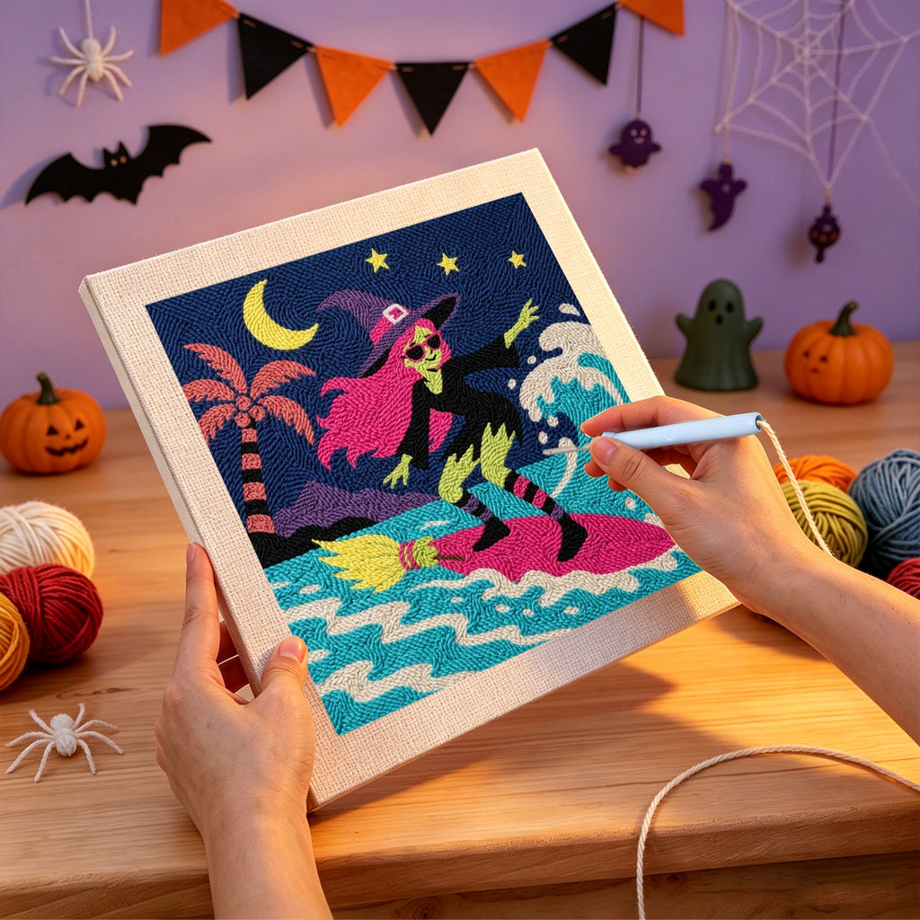 Punching the Surfing Witch design with the punch needle