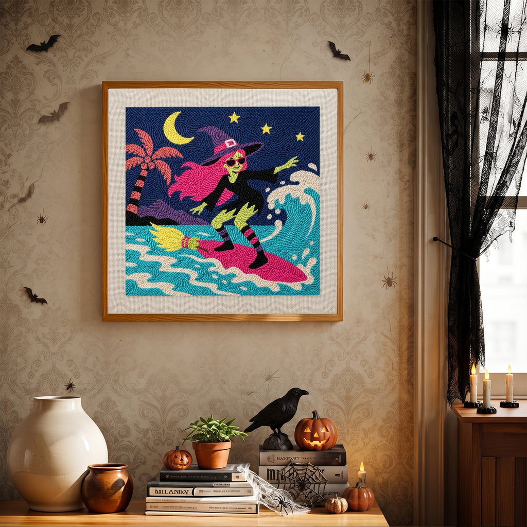 Finished Surfing Witch punch needle canvas on a wall