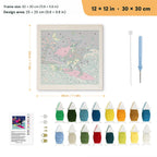 Surfing Witch punch needle kit, 12 × 12 in (30 × 30 cm): canvas size and kit contents