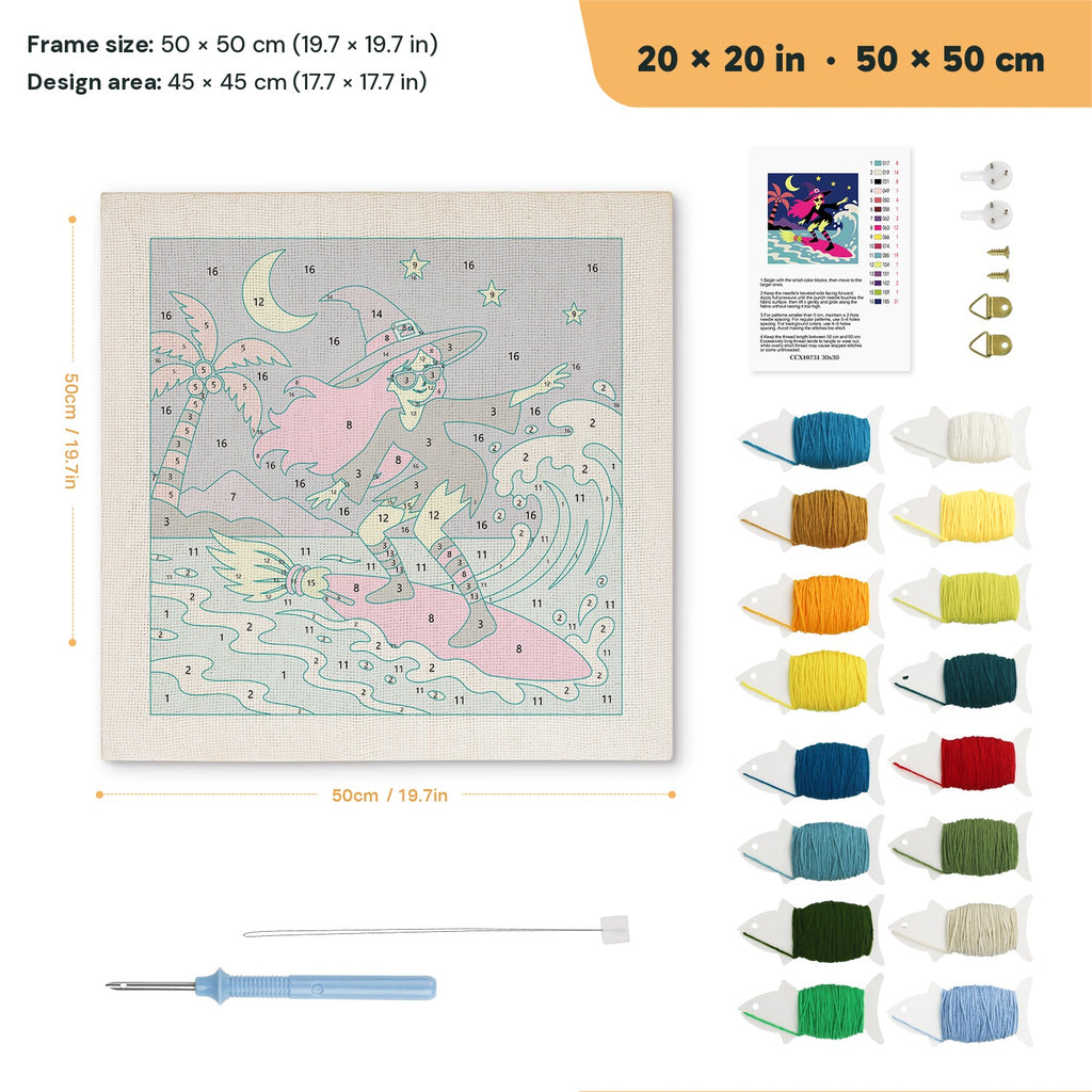 Surfing Witch punch needle kit, 20 × 20 in (50 × 50 cm): canvas size and kit contents