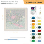 Surfing Witch punch needle kit, 20 × 20 in (50 × 50 cm): canvas size and kit contents