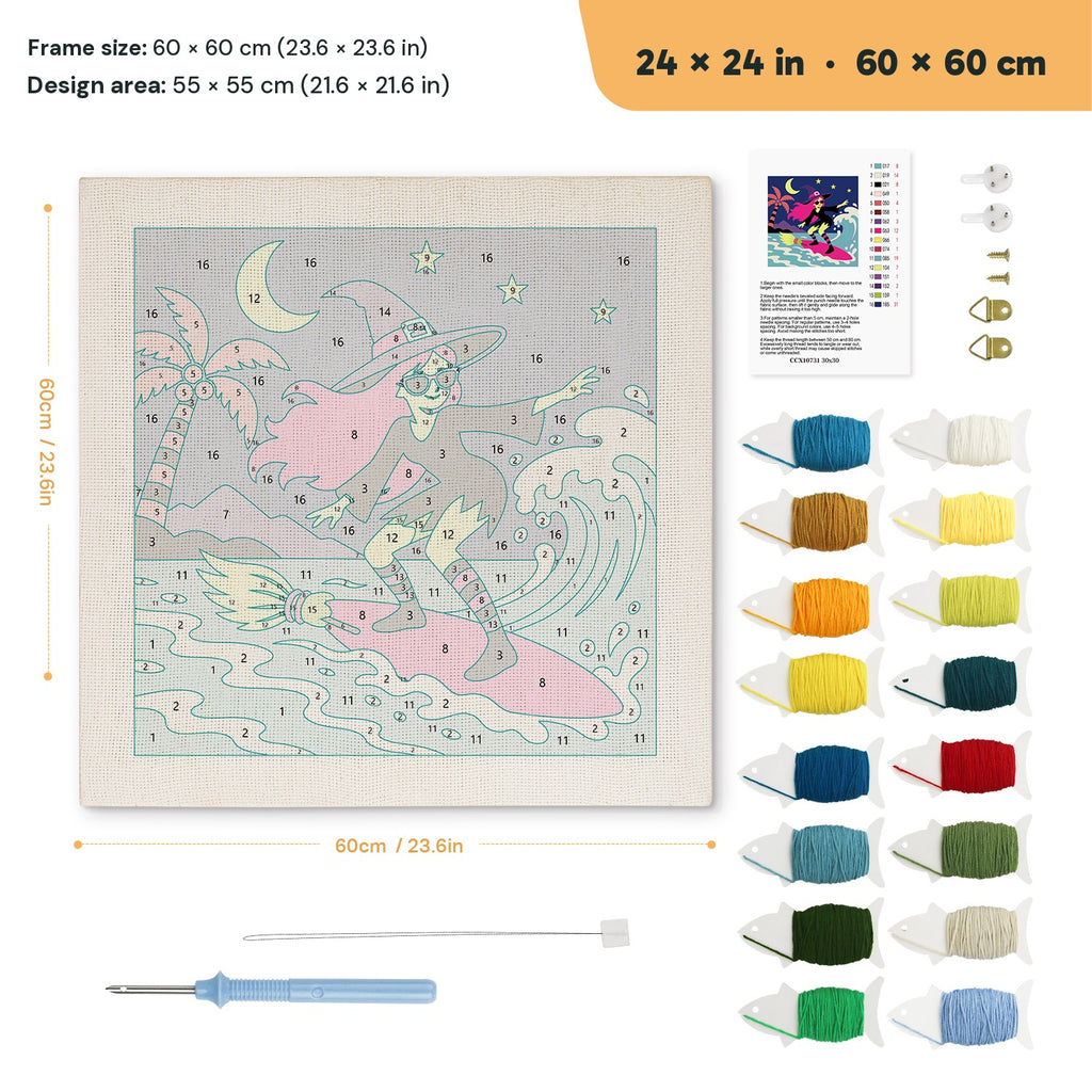 Surfing Witch punch needle kit, 24 × 24 in (60 × 60 cm): canvas size and kit contents