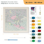 Surfing Witch punch needle kit, 24 × 24 in (60 × 60 cm): canvas size and kit contents