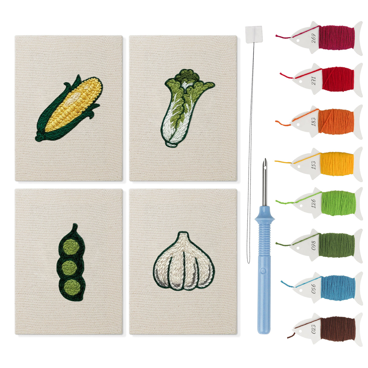 Sweet Corn Harvest mini punch needle kit set: four finished canvases with threads, punch needle and threader