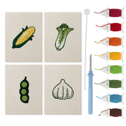 Sweet Corn Harvest mini punch needle kit set: four finished canvases with threads, punch needle and threader