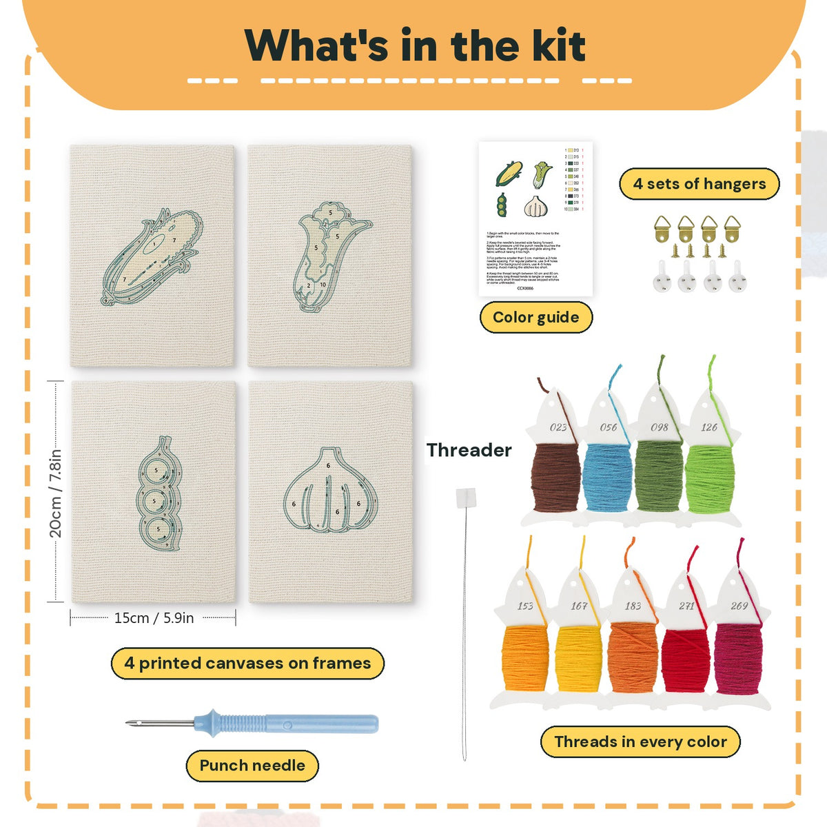 What is in the Sweet Corn Harvest set: 4 printed canvases, punch needle, threader, threads, color guide and 4 sets of hangers (6 × 8 in (15 × 20 cm) each)