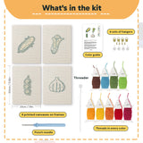 What is in the Sweet Corn Harvest set, 8 × 12 in (20 × 30 cm) each: 4 printed canvases, punch needle, threader, threads, color guide and 4 sets of hangers