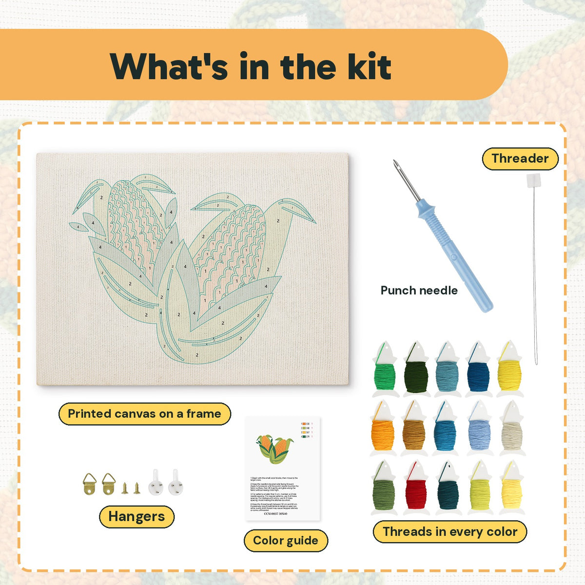 What is in the Sweet Corn Pair kit: printed canvas, punch needle, threader, threads, color guide and hangers