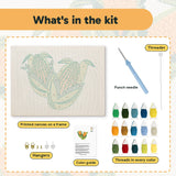 What is in the Sweet Corn Pair kit: printed canvas, punch needle, threader, threads, color guide and hangers