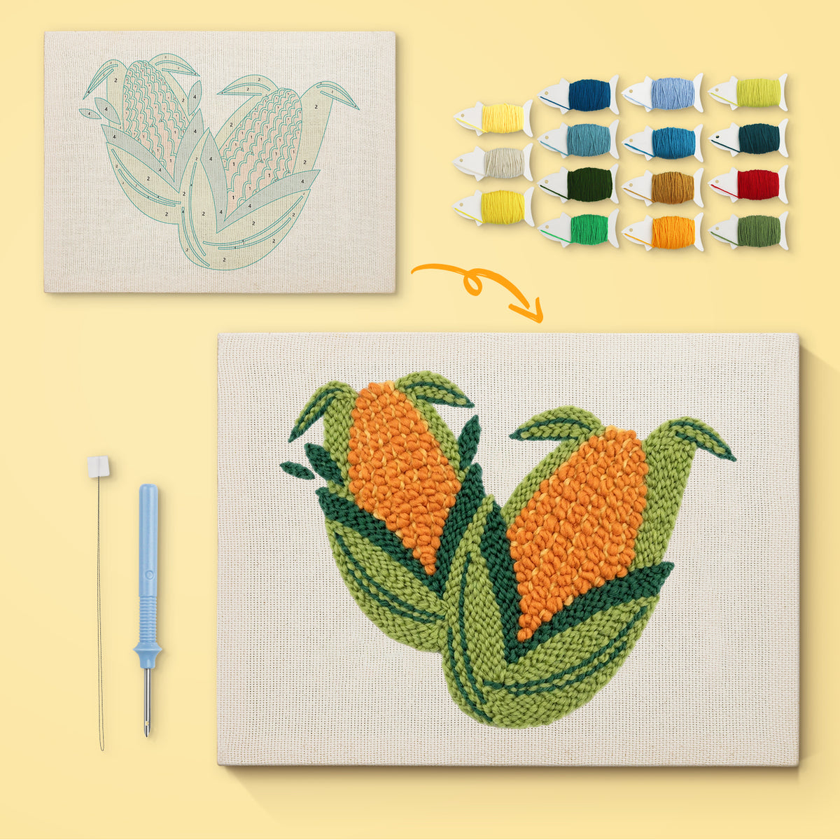 Sweet Corn Pair canvas before and after punching, with the threads and tools