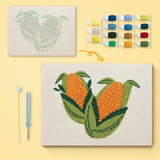 Sweet Corn Pair canvas before and after punching, with the threads and tools
