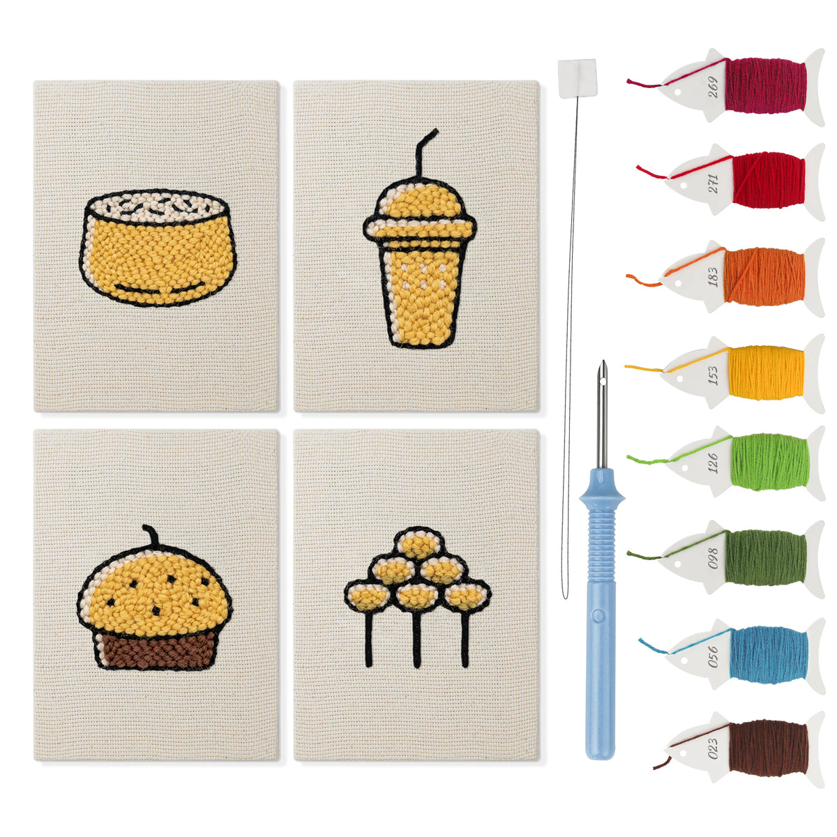 Sweet Dango Treats mini punch needle kit set: four finished canvases with threads, punch needle and threader