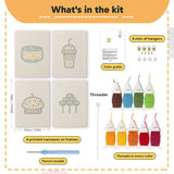 What is in the Sweet Dango Treats set: 4 printed canvases, punch needle, threader, threads, color guide and 4 sets of hangers (6 × 8 in (15 × 20 cm) each)