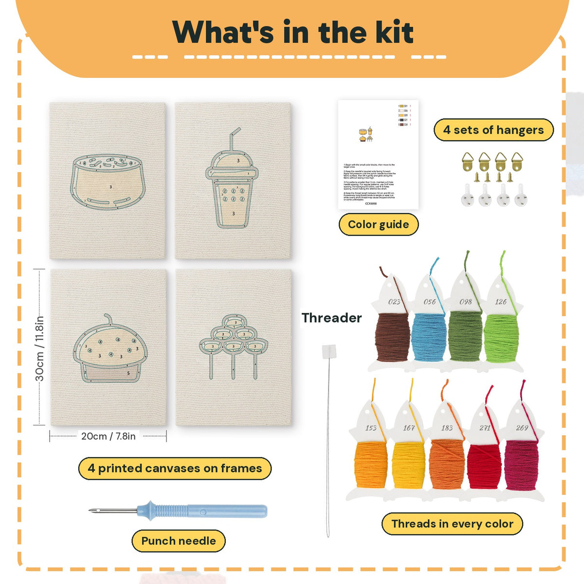 What is in the Sweet Dango Treats set, 8 × 12 in (20 × 30 cm) each: 4 printed canvases, punch needle, threader, threads, color guide and 4 sets of hangers