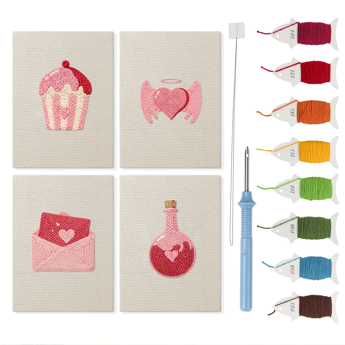 Sweetheart Charms mini punch needle kit set: four finished canvases with threads, punch needle and threader