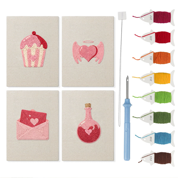 Sweetheart Charms mini punch needle kit set: four finished canvases with threads, punch needle and threader