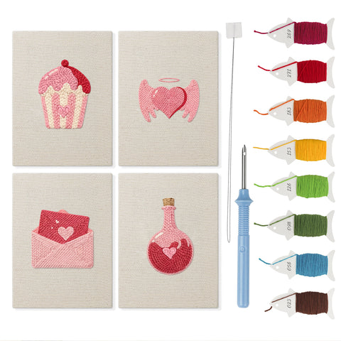 Sweetheart Charms mini punch needle kit set: four finished canvases with threads, punch needle and threader