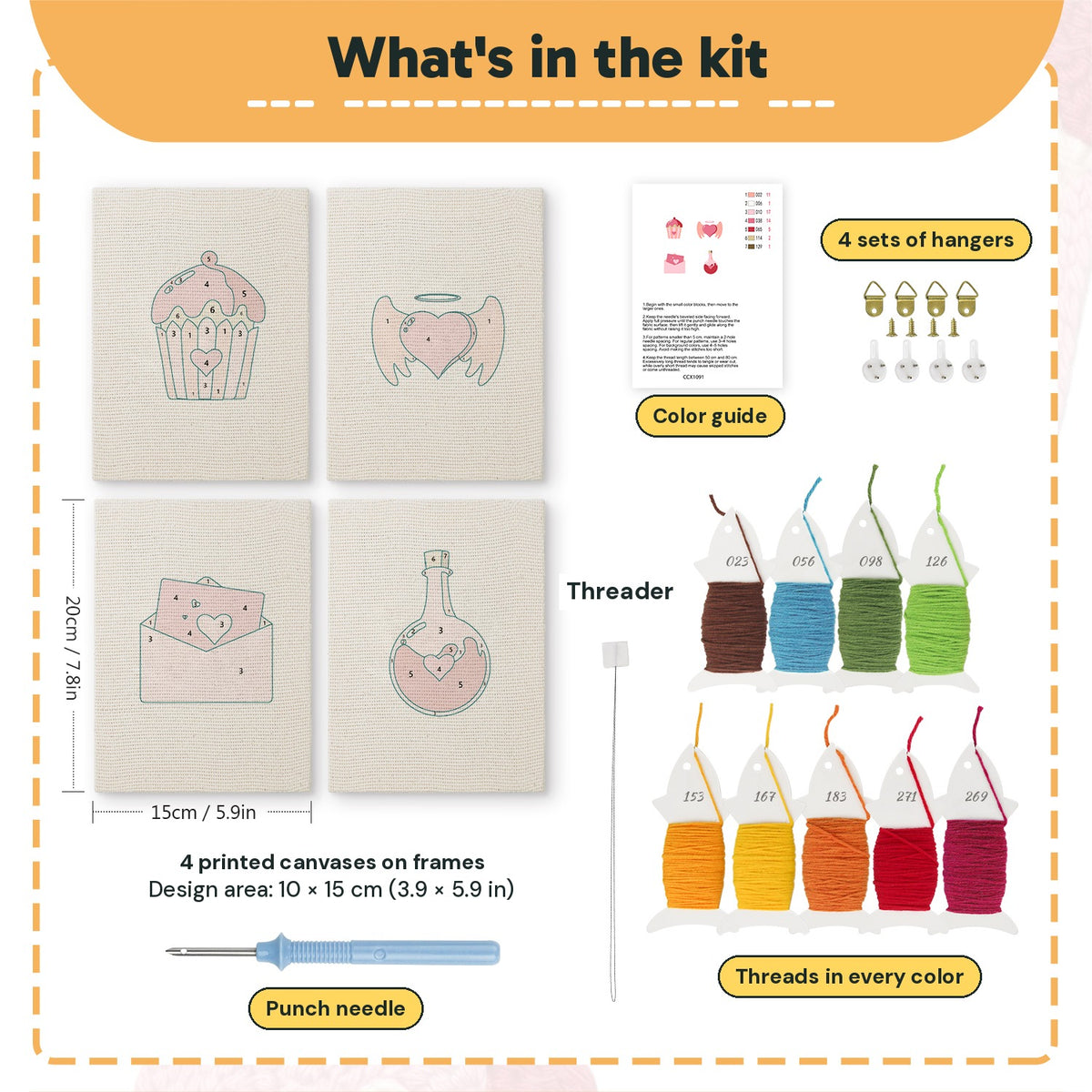 What is in the Sweetheart Charms set: 4 printed canvases, punch needle, threader, threads, color guide and 4 sets of hangers (6 × 8 in (15 × 20 cm) each)