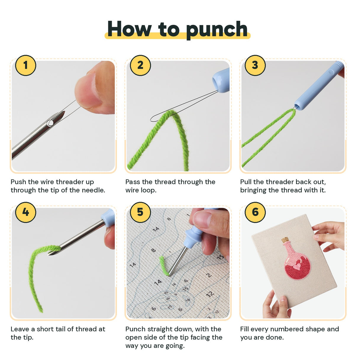 Six steps showing how to thread and use the punch needle