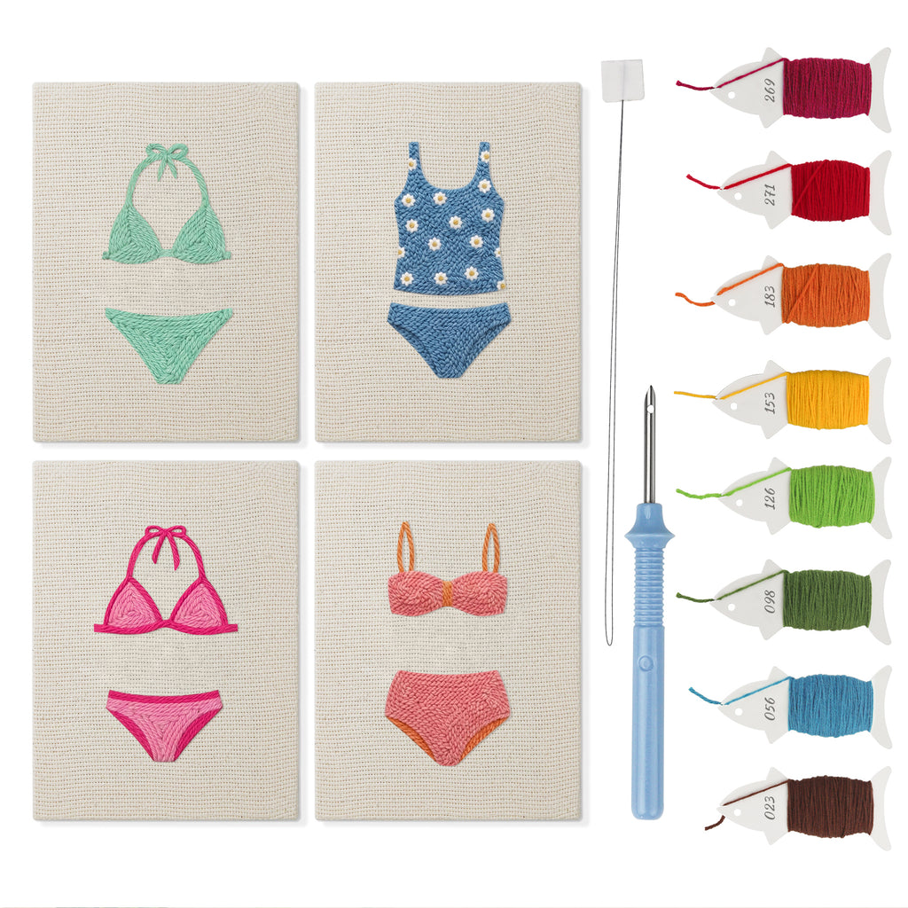 Swimsuit Season mini punch needle kit set: four finished canvases with threads, punch needle and threader