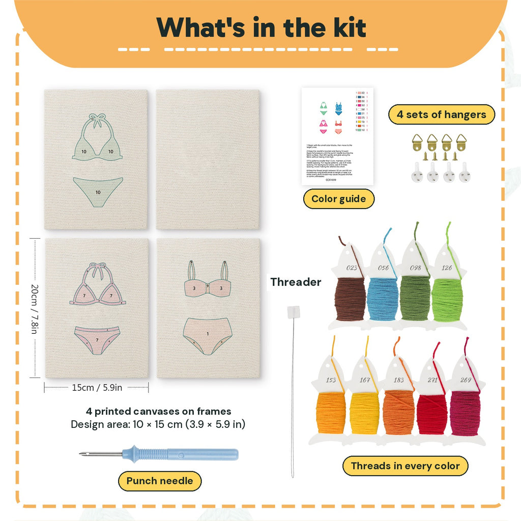 What is in the Swimsuit Season set: 4 printed canvases, punch needle, threader, threads, color guide and 4 sets of hangers (6 × 8 in (15 × 20 cm) each)