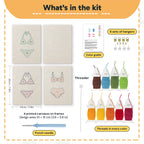 What is in the Swimsuit Season set: 4 printed canvases, punch needle, threader, threads, color guide and 4 sets of hangers (6 × 8 in (15 × 20 cm) each)
