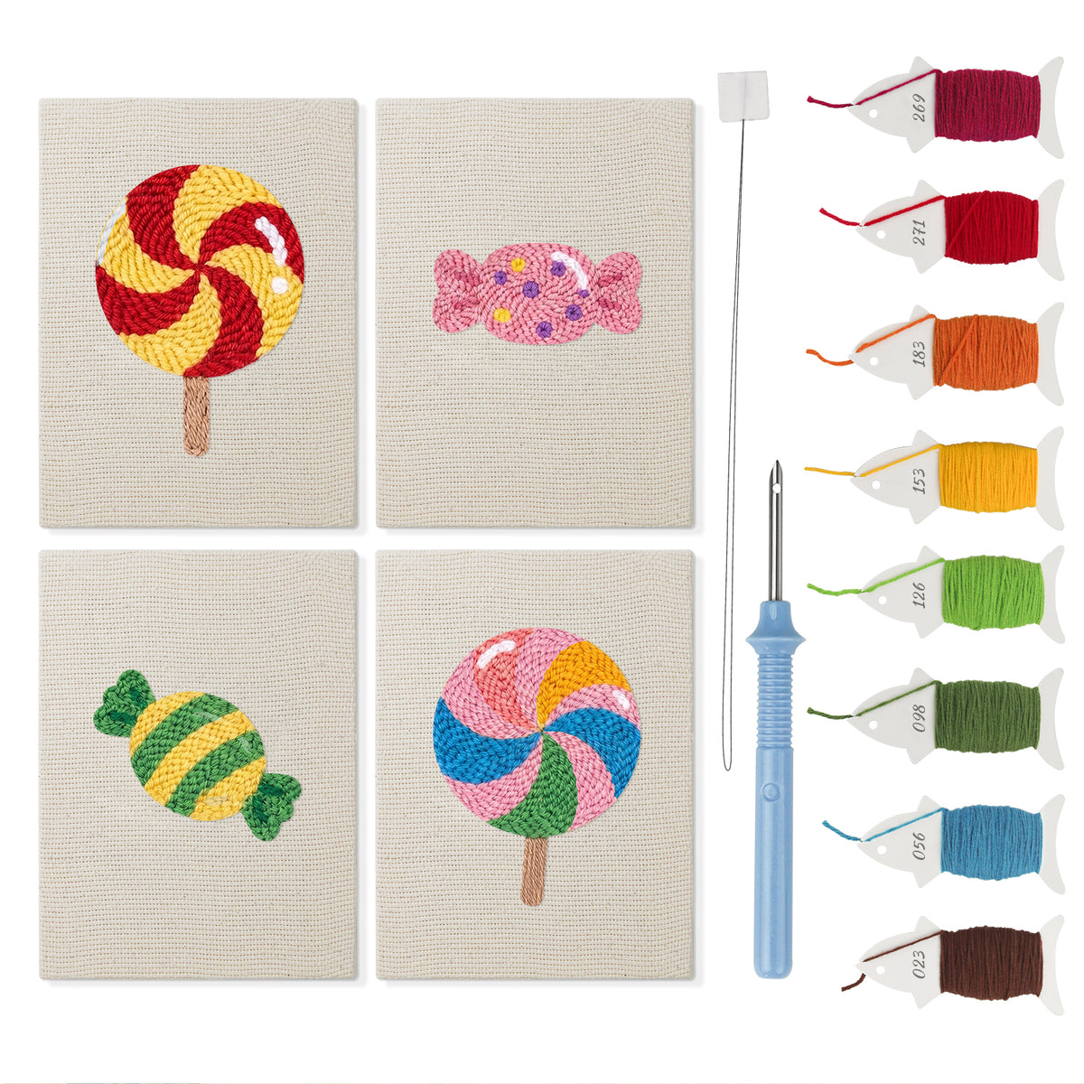 Swirl Lollipops mini punch needle kit set: four finished canvases with threads, punch needle and threader