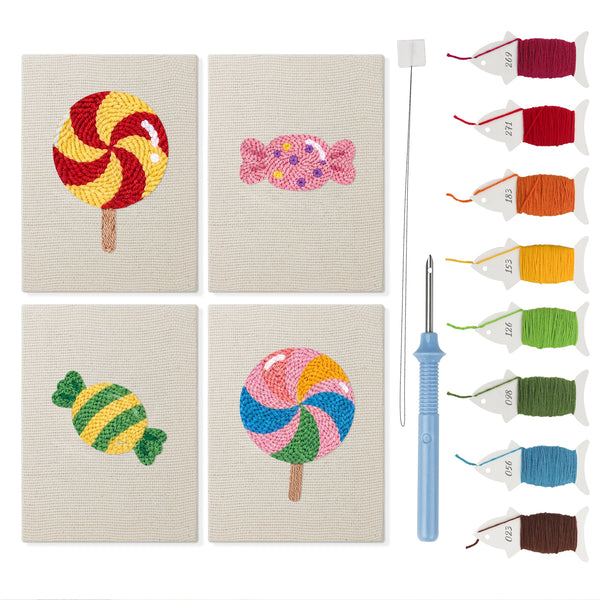 Swirl Lollipops mini punch needle kit set: four finished canvases with threads, punch needle and threader