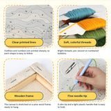 Close-ups of the printed pattern, threads, wooden frame and punch needle tip