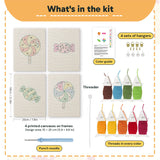 What is in the Swirl Lollipops set, 8 × 12 in (20 × 30 cm) each: 4 printed canvases, punch needle, threader, threads, color guide and 4 sets of hangers