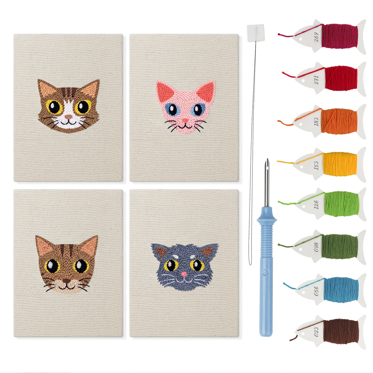 Tabby Cat Faces mini punch needle kit set: four finished canvases with threads, punch needle and threader
