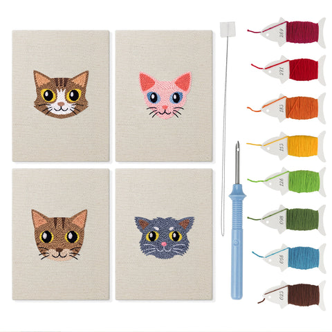 Tabby Cat Faces mini punch needle kit set: four finished canvases with threads, punch needle and threader